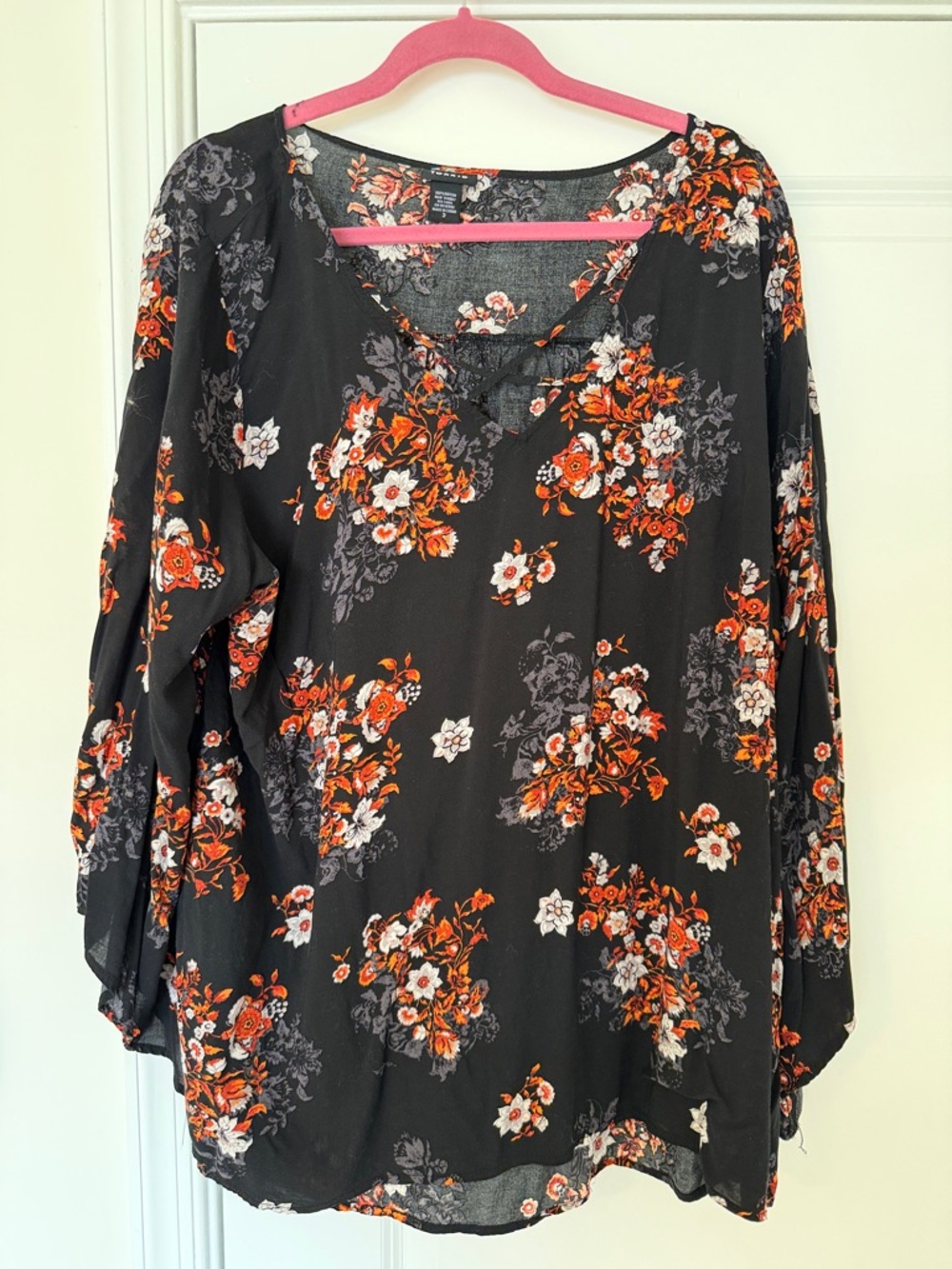 Torrid Women's Floral V-Neck Blouse - Black with Orange & White Floral